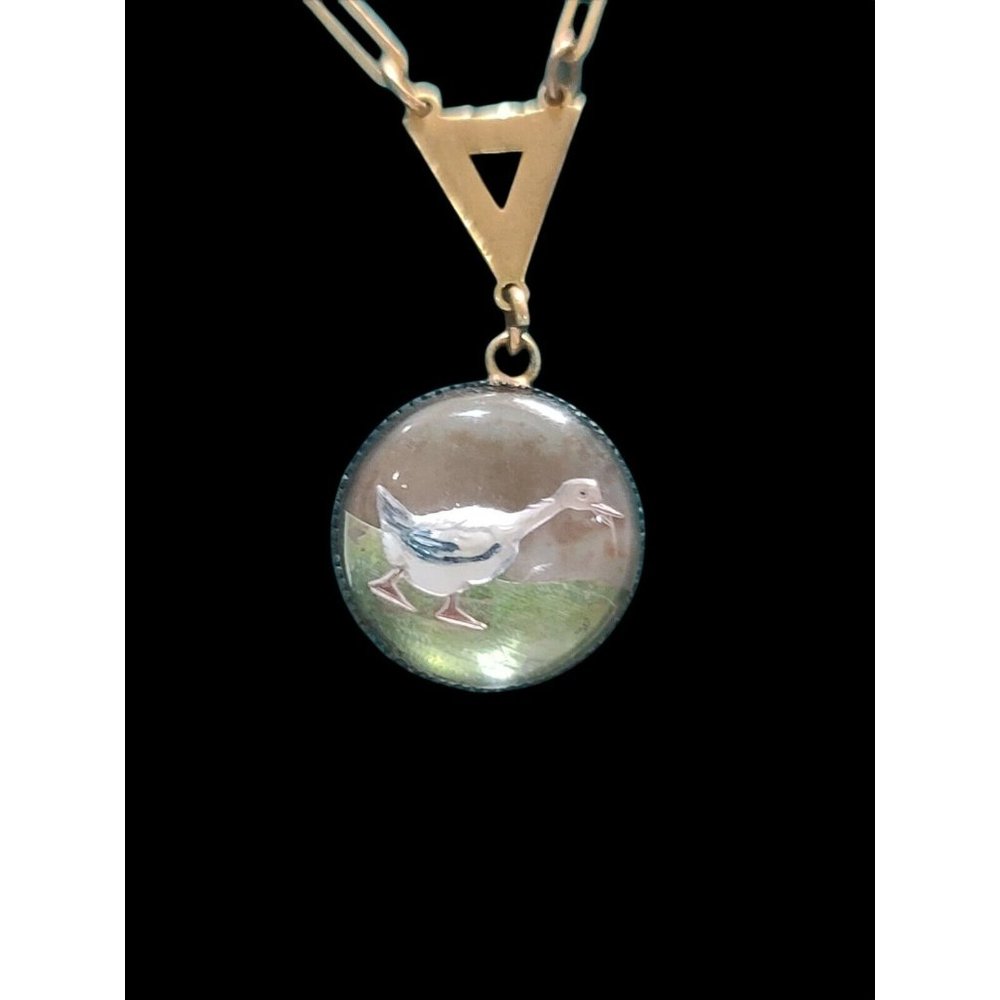 Intaglio Painted Czech Glass Necklace Duck Bird Pendant Signed